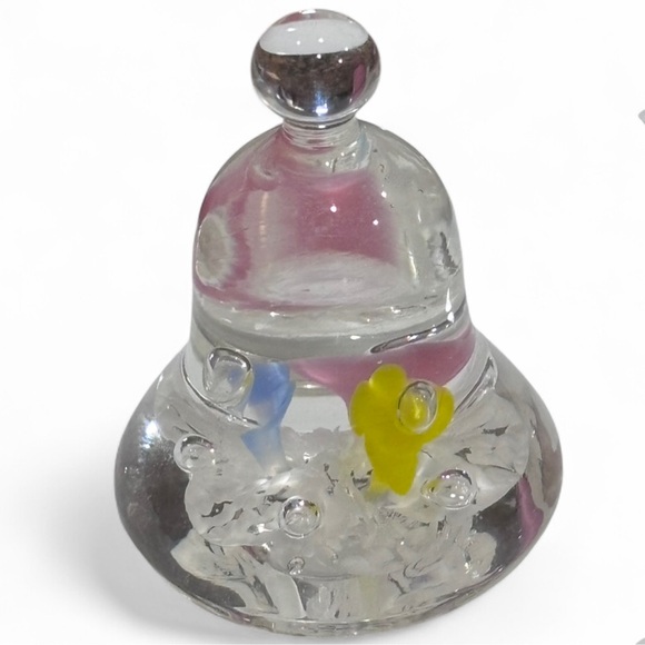 Joe St Clair Art Glass Bell Shape Paperweight Pink Yellow Blue Flowers Greenery - Picture 3 of 5